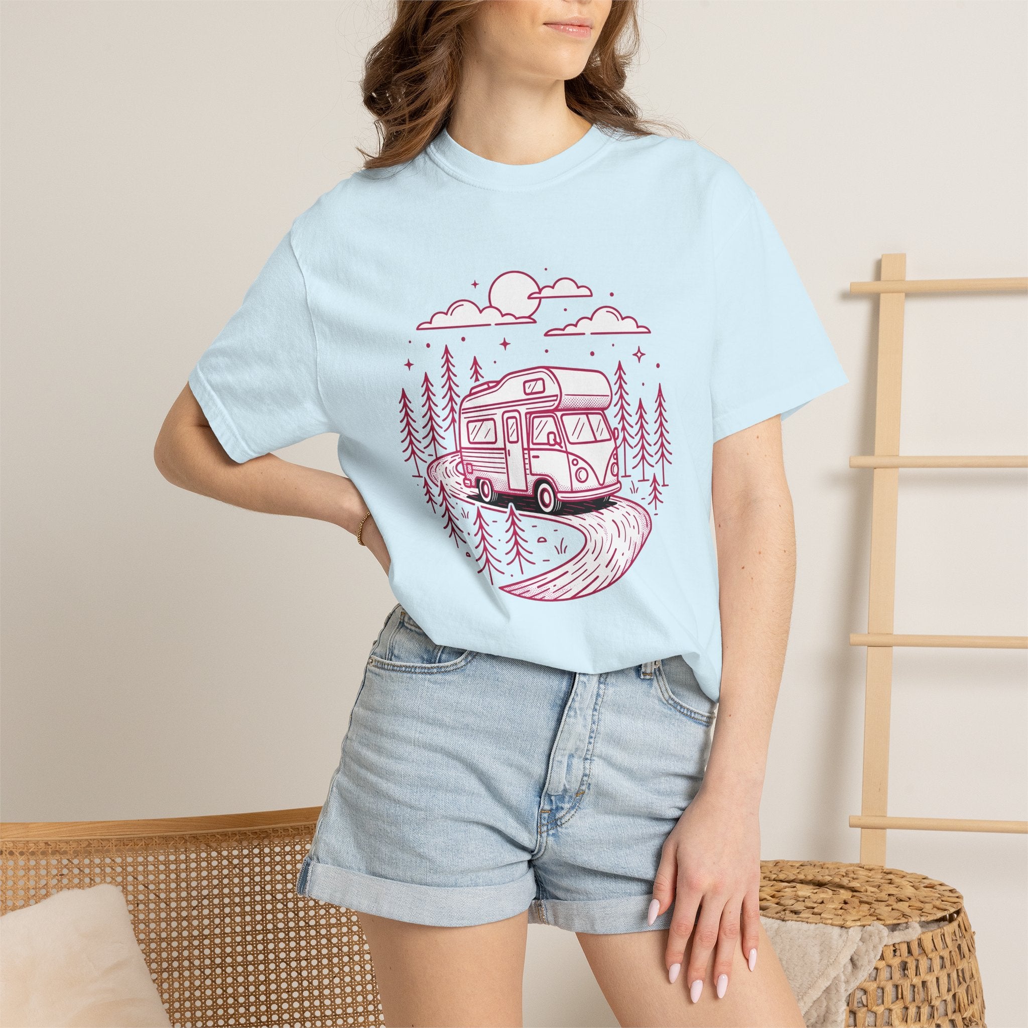 Camper Van Shirt Camping Adventure Gift Women Line Art Tee Motorhome T-Shirt Camper Fan Minimalist Tshirt Explorer Graphic Retro Pine Trees