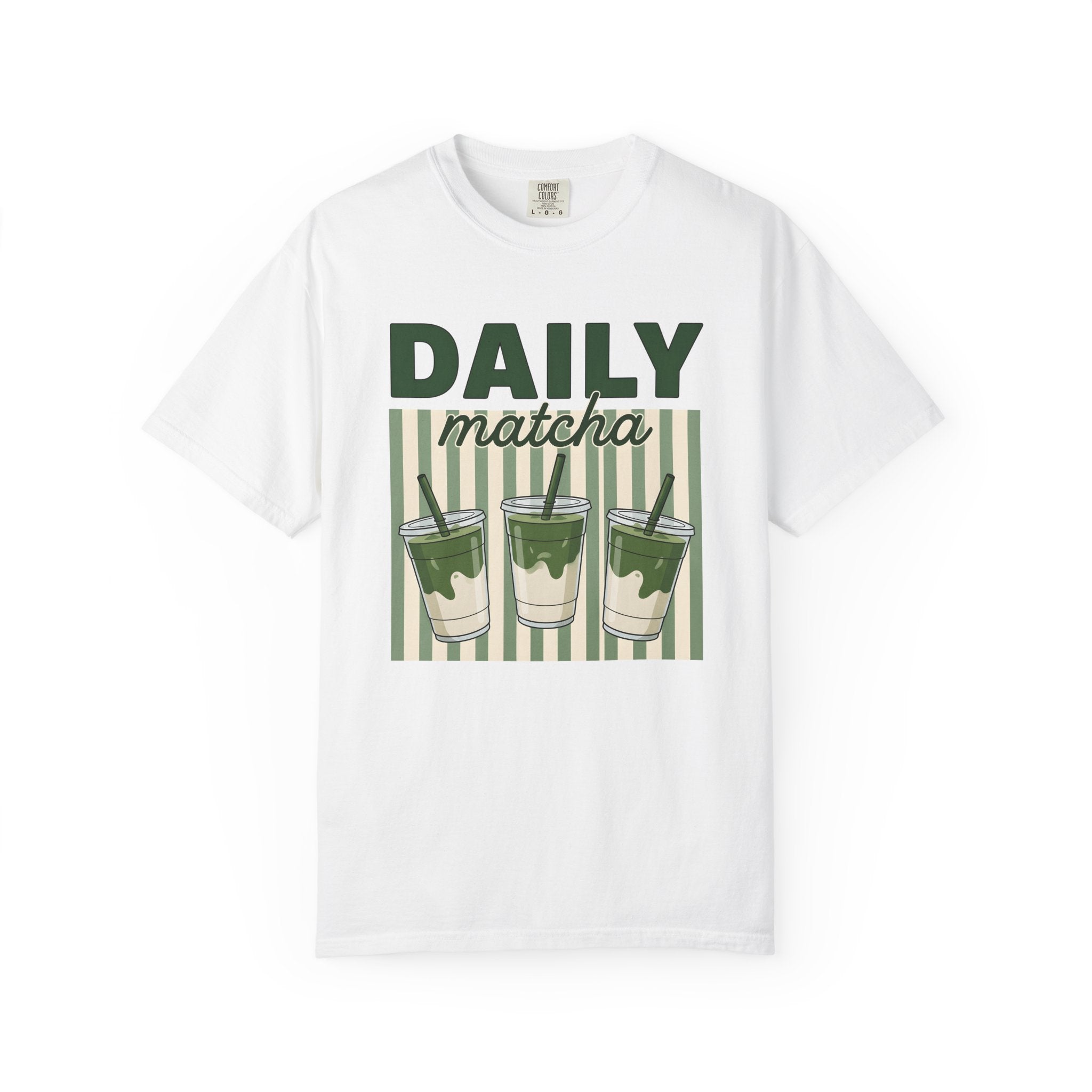 Matcha Drink Cups Shirt Drinks Foodie Gift Women Cartoon Tee Green Tea T-Shirt Beverage Fan Toon Tshirt Food Graphic Retro Striped