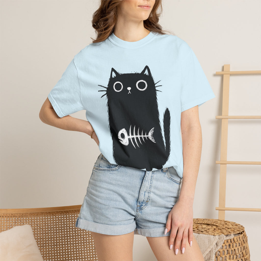 Black Kitten Shirt Cat Alternative Gift Women Hand Drawn Tee Kitten T-Shirt Cat Fan Illustrated Tshirt Punk Graphic Simple Fish Bone Tshirt