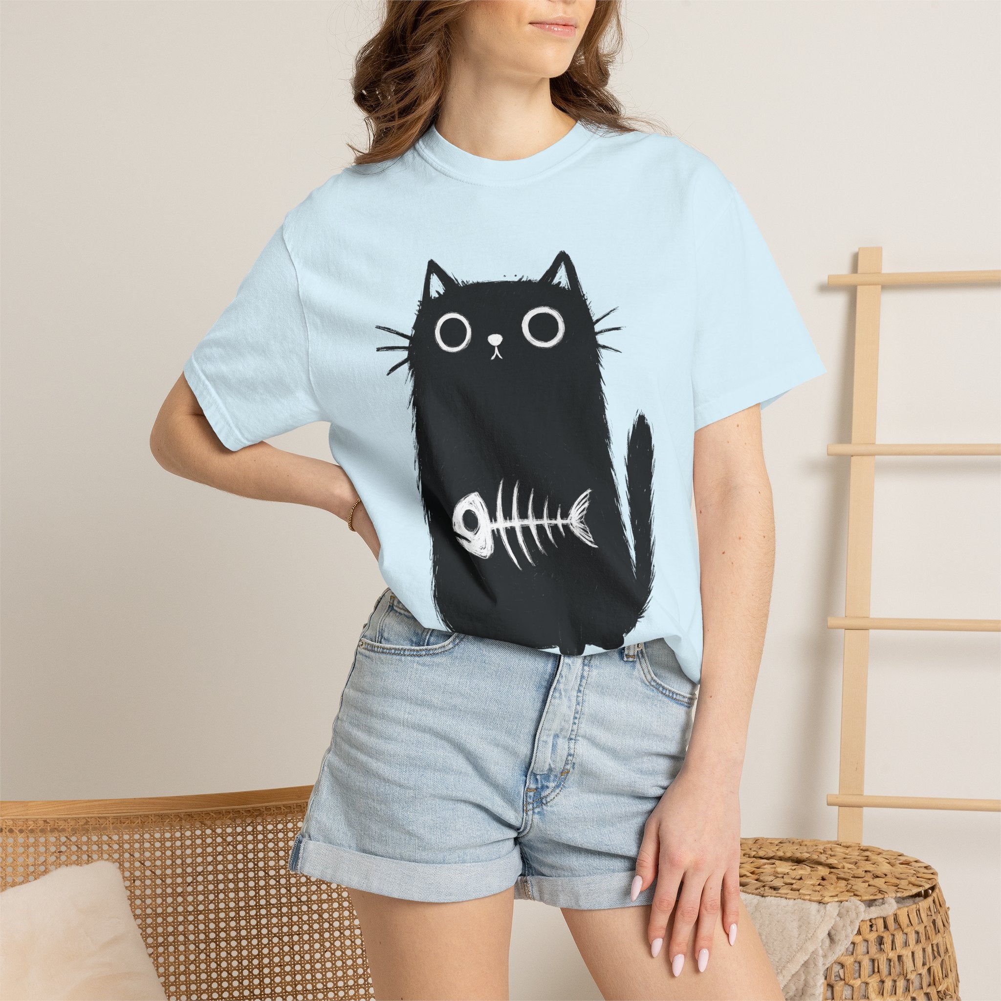 Black Kitten Shirt Cat Alternative Gift Women Hand Drawn Tee Kitten T-Shirt Cat Fan Illustrated Tshirt Punk Graphic Simple Fish Bone Tshirt