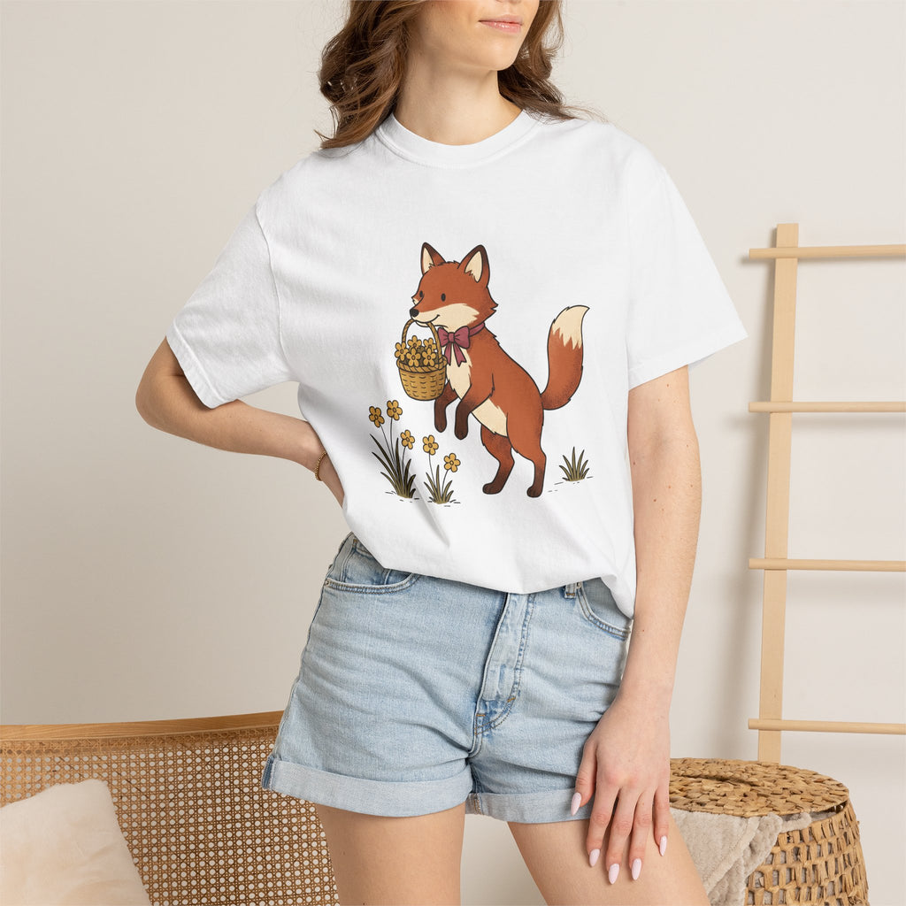 Fox Basket Shirt Easter Animal Gift Women Cute Tee Wickerwork T-Shirt Easter Fan Kawaii Tshirt Wildlife Graphic Hand Drawn Flowers Tshirt
