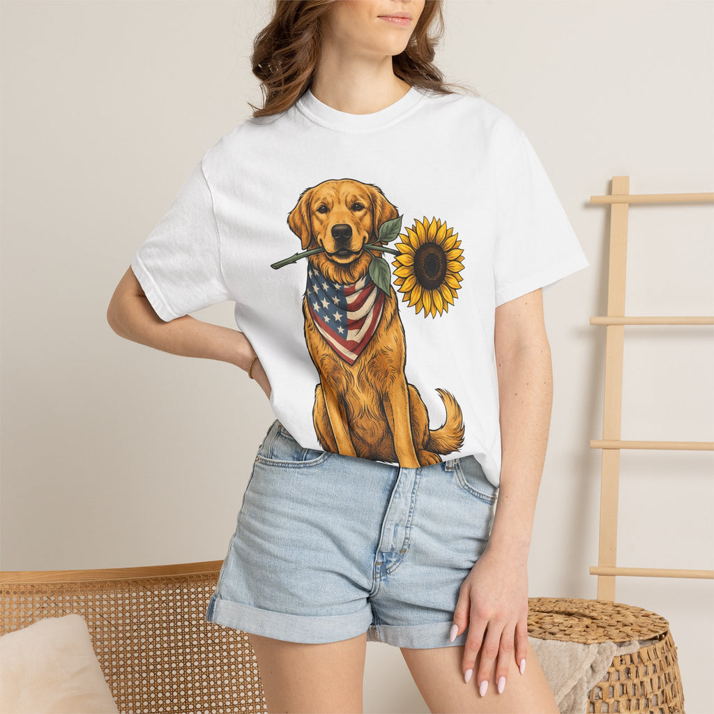 Golden Retriever Shirt Dog Patriotic Gift Women Vintage Tee Retriever T-Shirt Dog Fan Retro Tshirt American Graphic Hand Drawn Sunflower