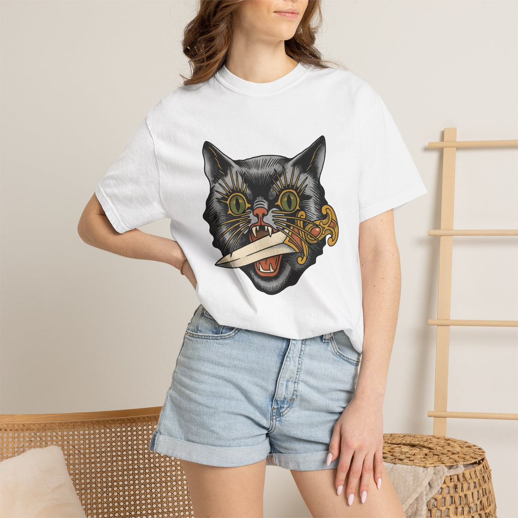 Black Kitty Shirt Cat Horror Gift Women Ink Tee Cat T-Shirt Cat Fan Tattoo Tshirt Scary Graphic Retro Knife Tshirt