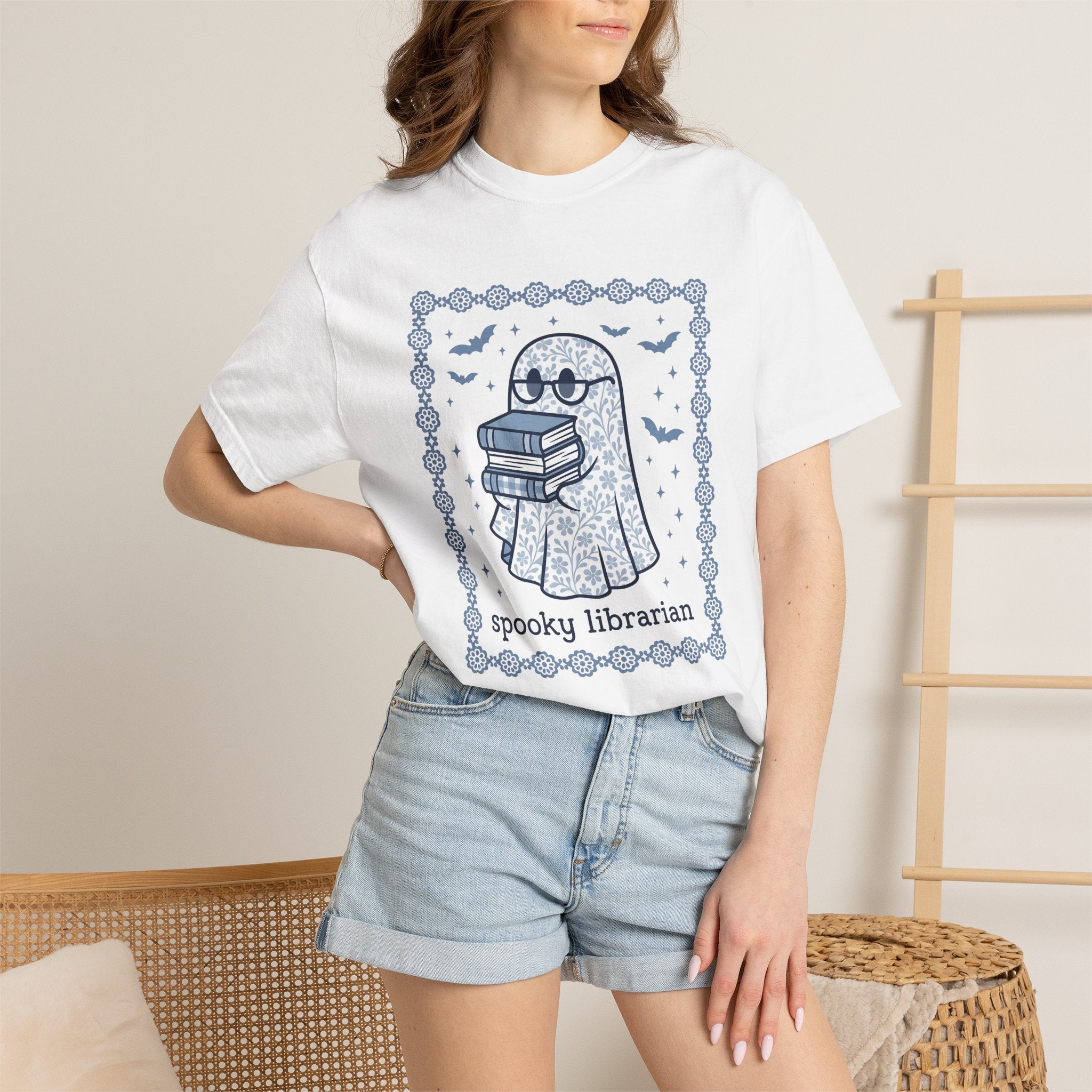Ghost Books Shirt Librarian Halloween Gift Women Floral Graphic Tee Book T-Shirt Library Enthusiast Illustrated Graphic Spooky Illustration