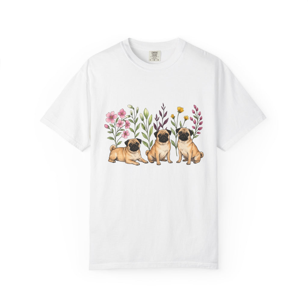 Pug Group Shirt Dog Plants Gift Women Line Art Tee Pug T-Shirt Dog Fan Poodle Illustration Botanical Graphic Gouache Flower Bouquet Tshirt