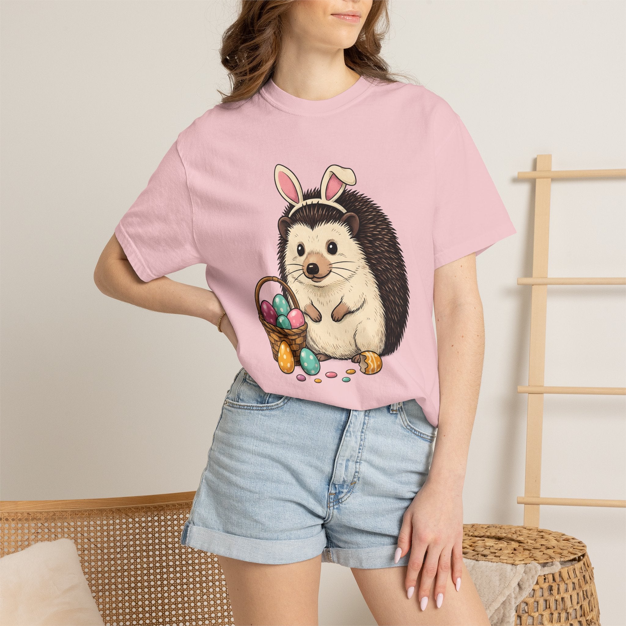 Hedgehog Bunny Ears Shirt Easter Pet Gift Women Kawaii Tee Porcupine T-Shirt Easter Fan Cute Tshirt Animal Graphic Sketch Basket Tshirt