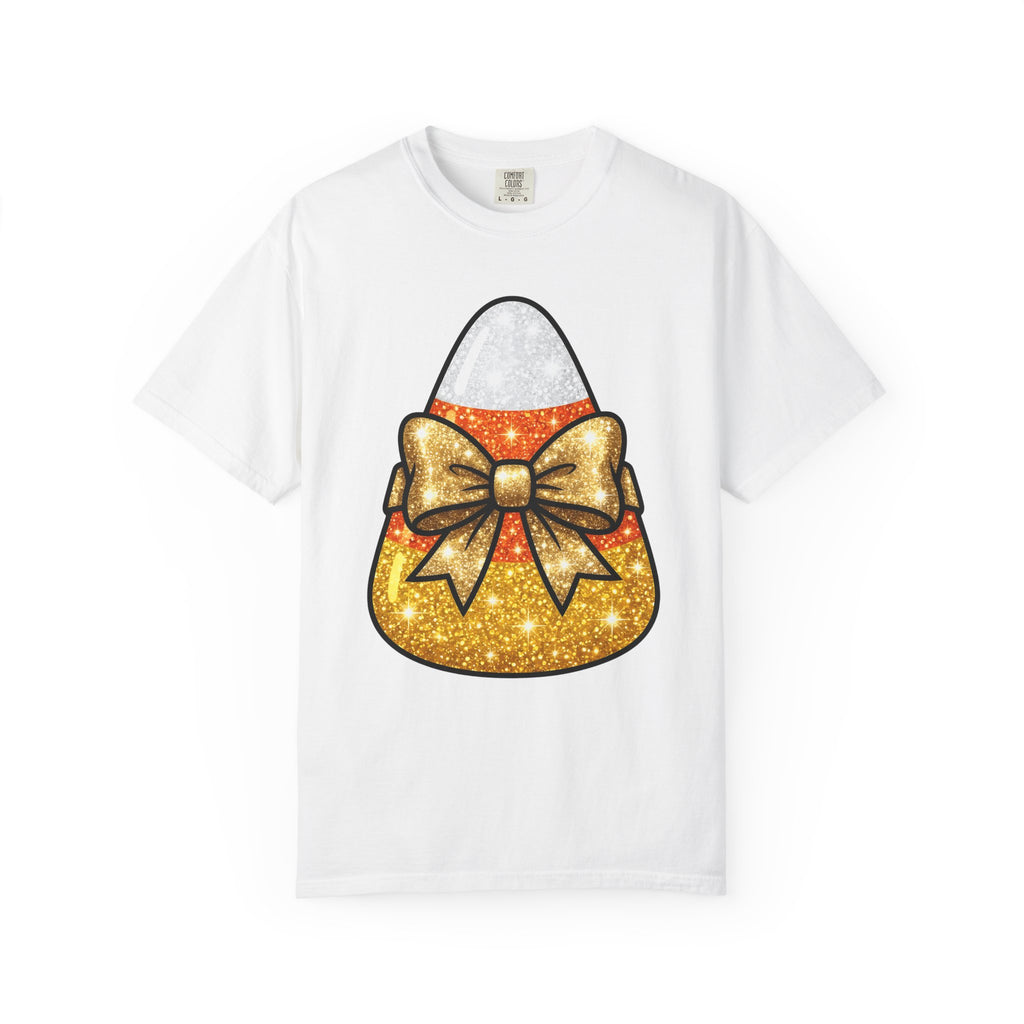 Candy Corn Shirt Halloween Treats Gift Women Shimmer Tee Triangular Candy T-Shirt Spooky Fan Glittery Tshirt Dessert Graphic Adorable Knot