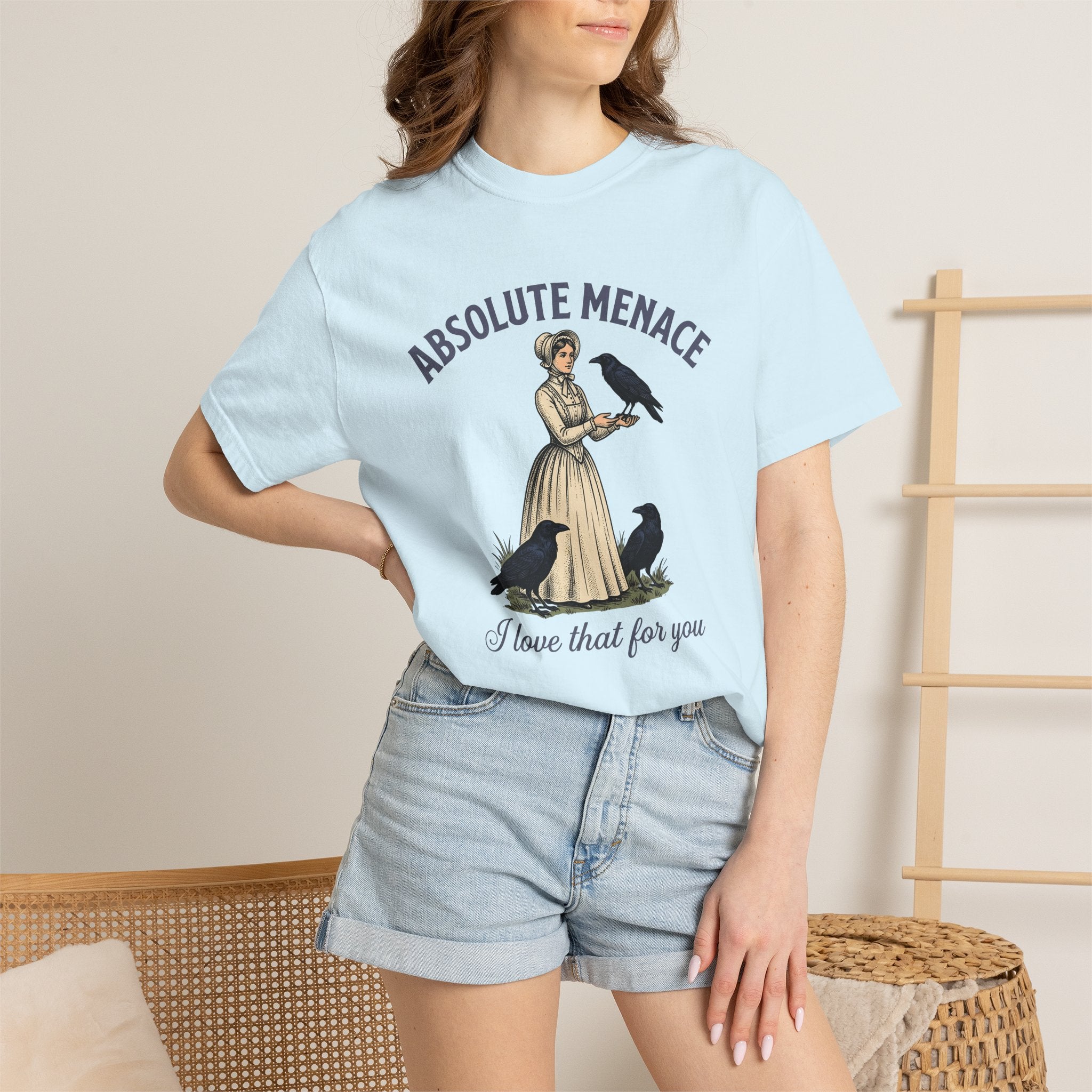 Lady Raven Shirt Funny Eerie Gift Women Classic Tee Crow T-Shirt Humor Fan Gothic Graphic Tshirt Line Art Peasant Dress Tshirt