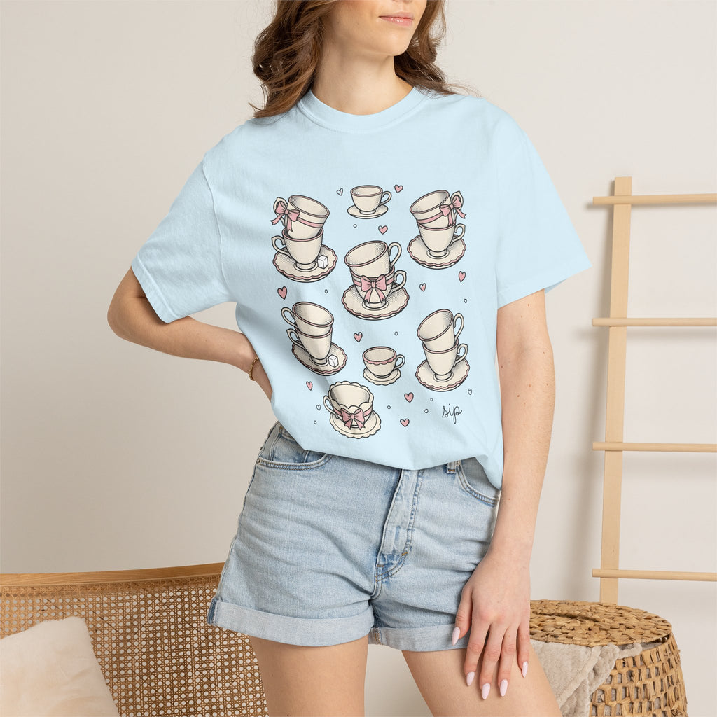 Tea Cups Shirt Coffee Tea Gift Women Kawaii Tee Teacup T-Shirt Coffee Fan Tea Mug Graphic Vintage Bows Tshirt