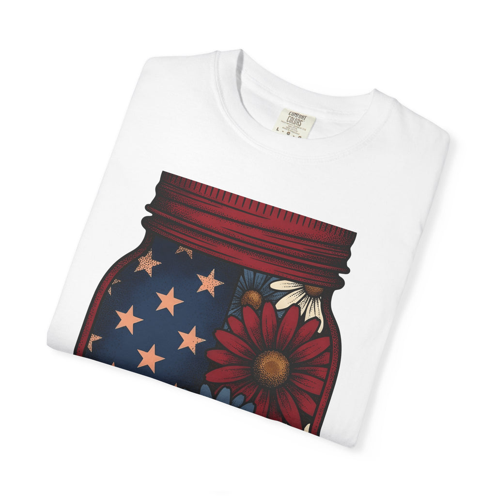 Jar Bouquet Shirt America Freedom Gift Women Old-Fashioned Tee Flower Arrangement T-Shirt Patriot Fan Vintage Tshirt Liberty Graphic Outline