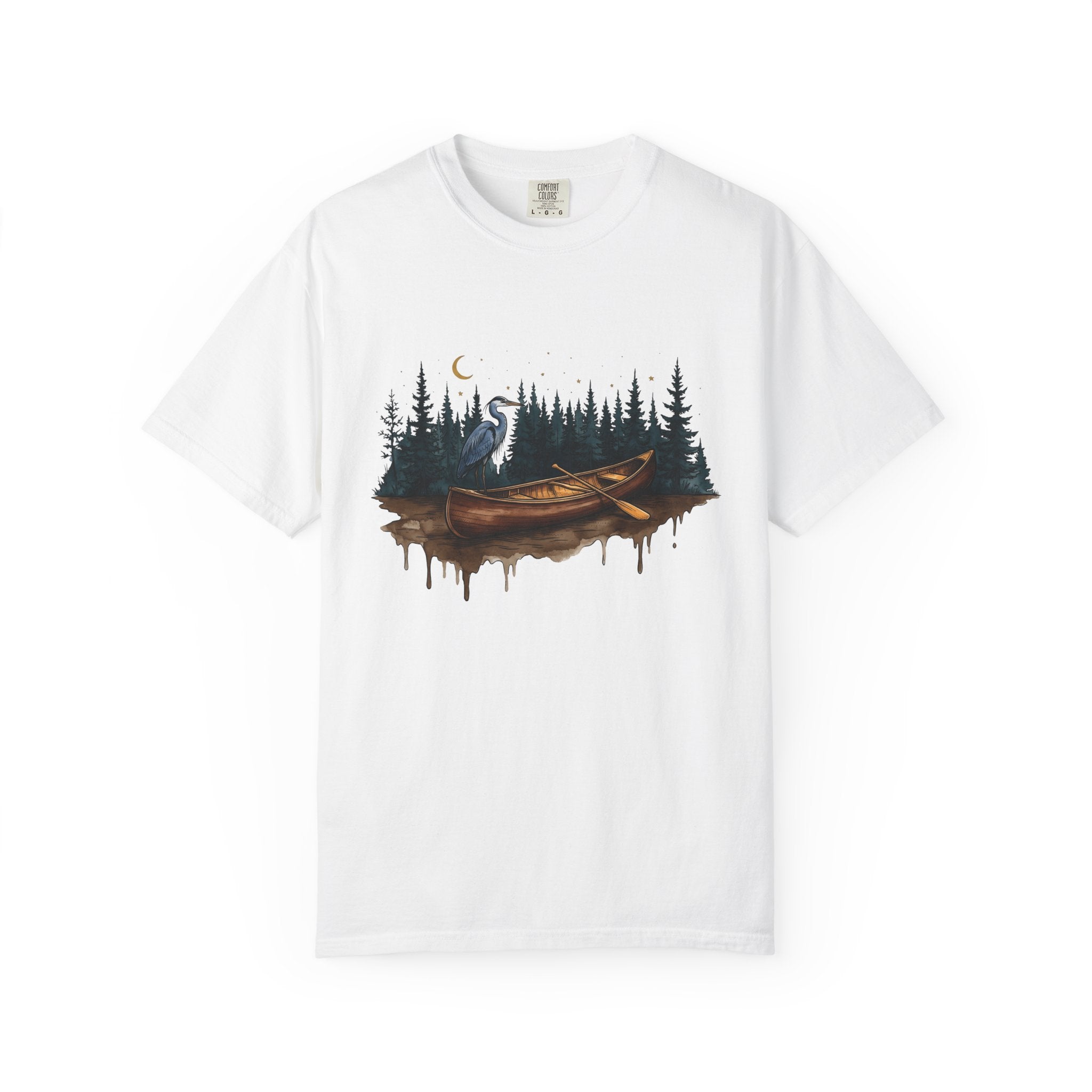Kayak Bird Shirt Camping Exploration Gift Women Sketch Tee Heron T-Shirt Camper Fan Hand Drawn Tshirt Adventure Graphic Retro Fir Trees