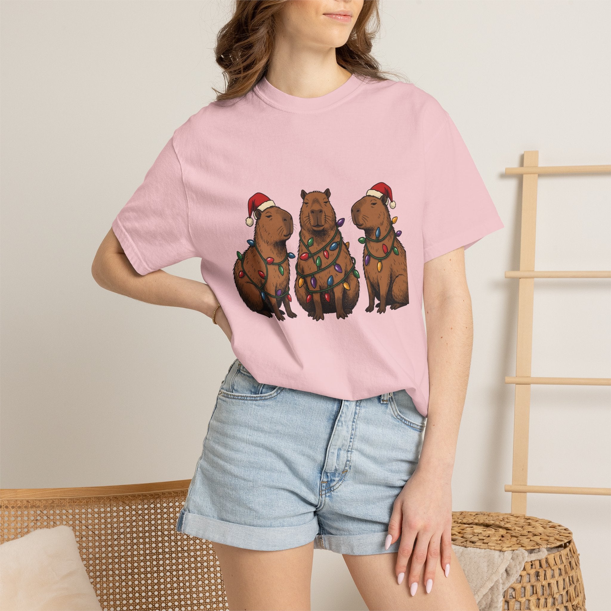 Capybara Set Shirt Christmas Pets Gift Women Hand Drawn Tee Rodent T-Shirt Xmas Fan Illustrated Tshirt Animal Graphic Sketch Fairy Lights