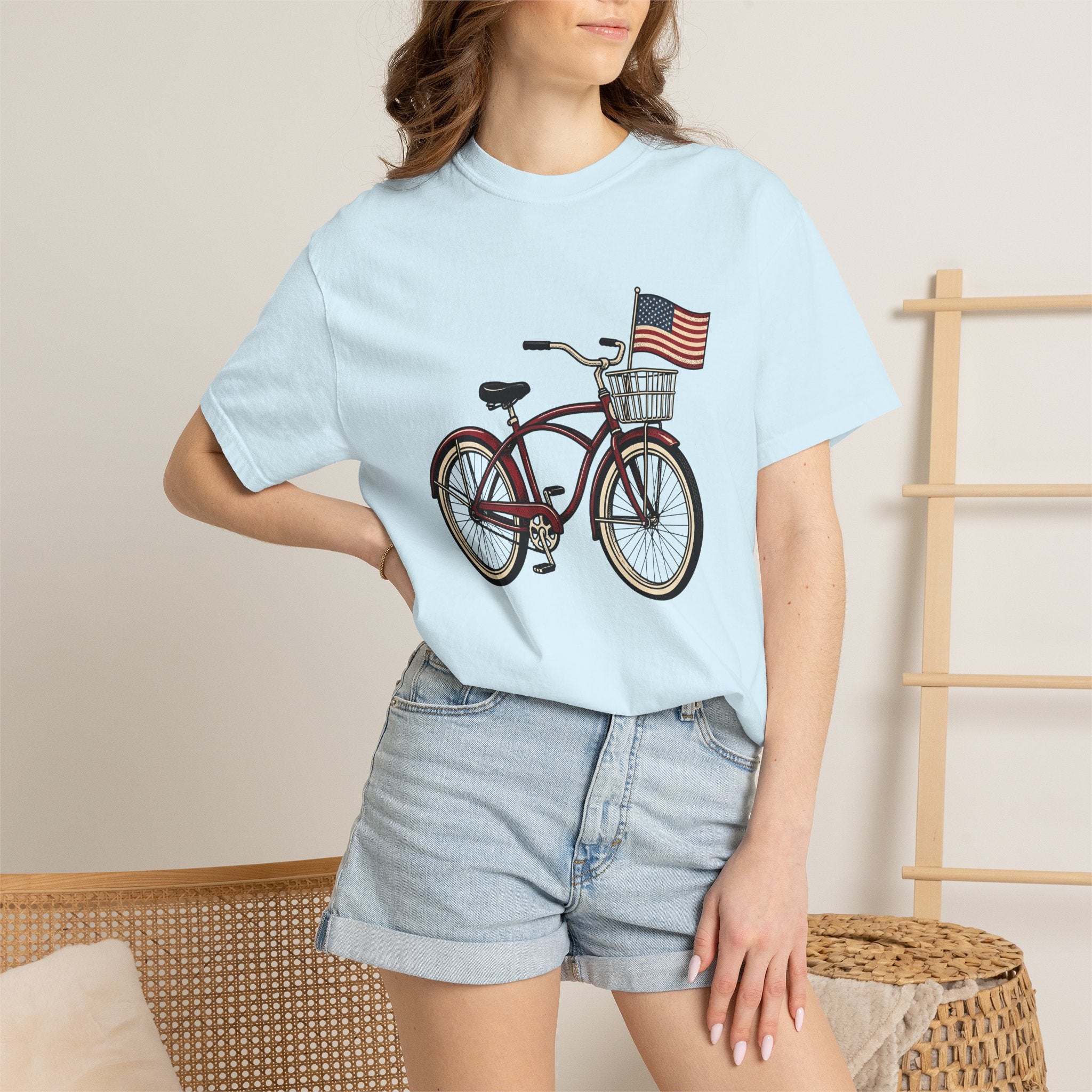 Bike Illustration Shirt 4th Of July America Gift Women Old School Tee Bicycle T-Shirt Independence Day Fan Vintage Tshirt Patriotic Graphic
