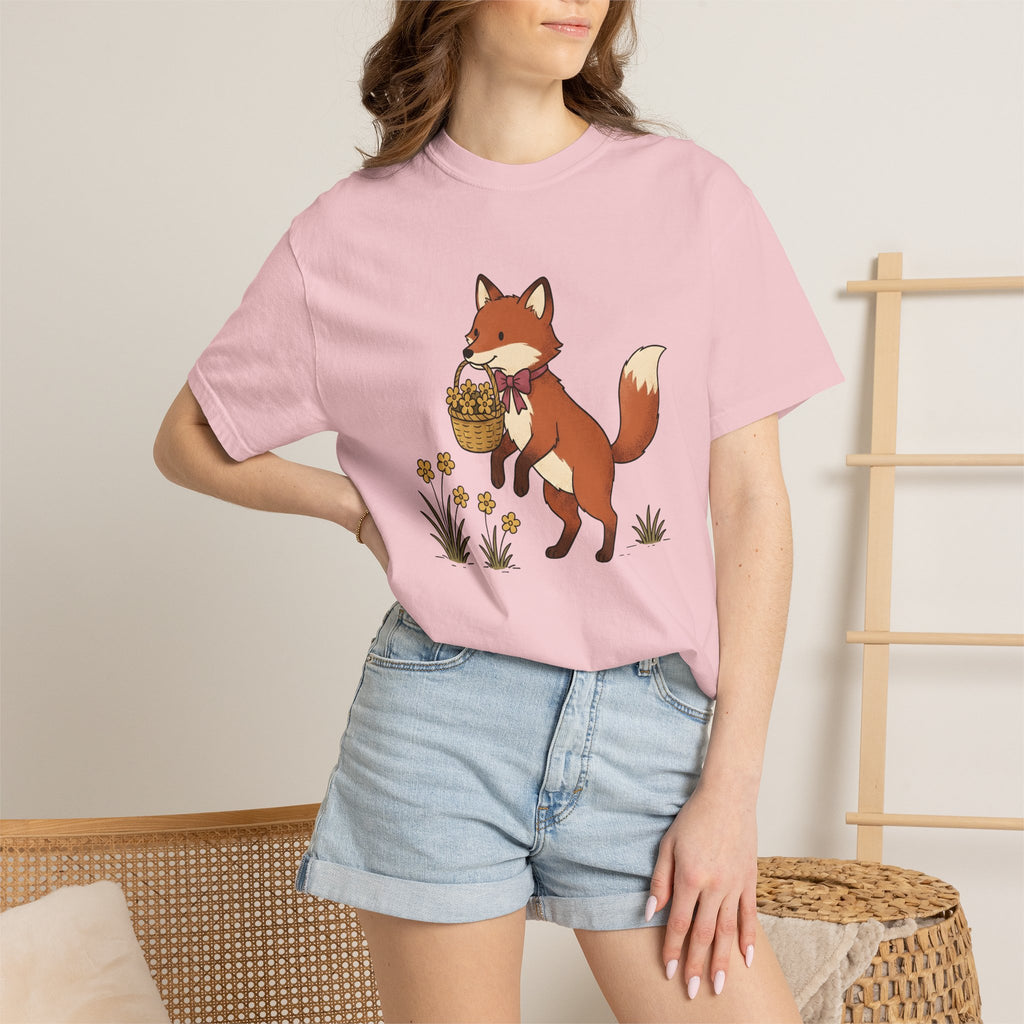 Fox Basket Shirt Easter Animal Gift Women Cute Tee Wickerwork T-Shirt Easter Fan Kawaii Tshirt Wildlife Graphic Hand Drawn Flowers Tshirt