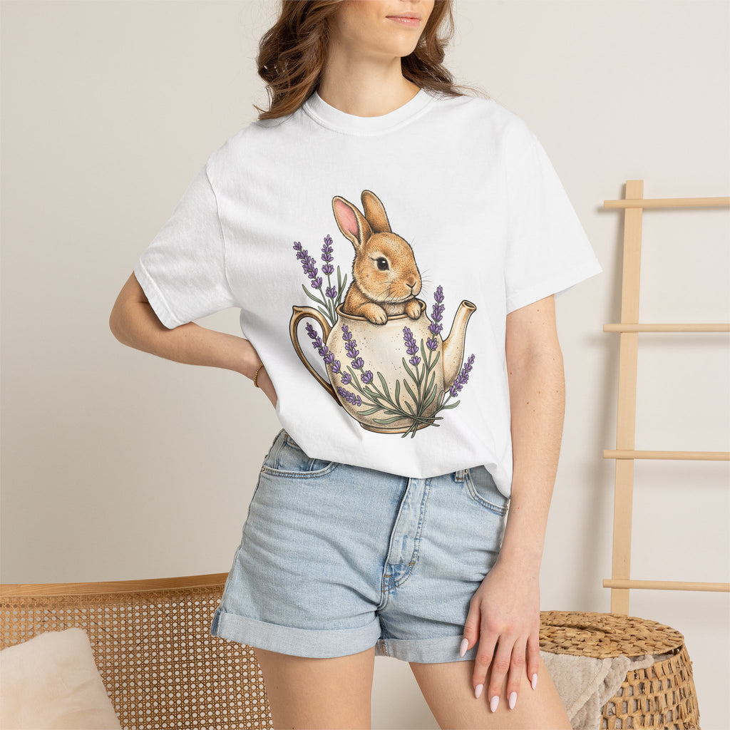 Bunny Kettle Shirt Animals & Flowers Rustic Gift Women Flower Tee Tea Kettle T-Shirt Floral Fan Botanical Tshirt Country Graphic Hand Drawn