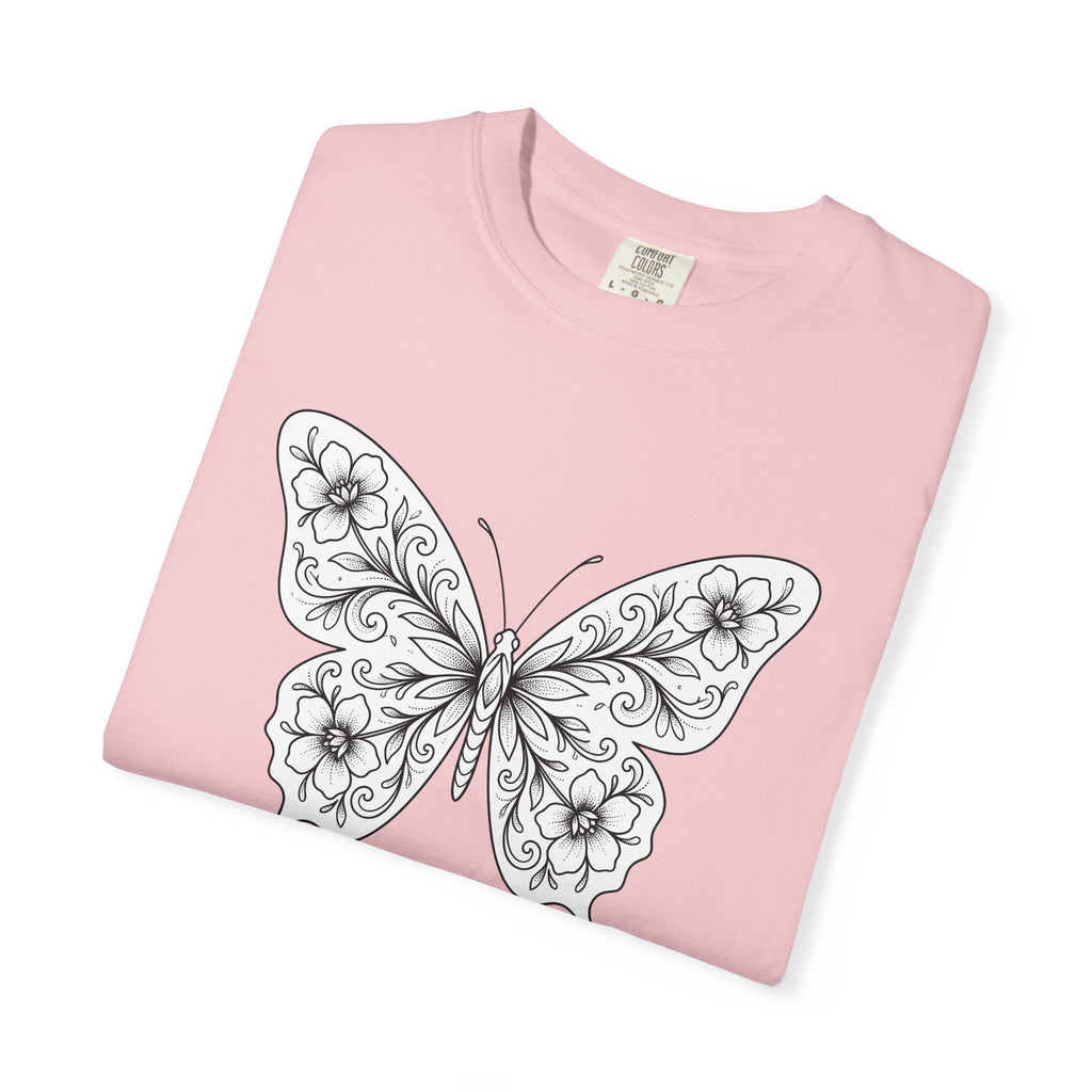 Butterfly Floral Shirt Animals & Flowers Nature Gift Women Line Art Tee Butterfly T-Shirt Wildlife Fan Hand Drawn Tshirt Outdoor Graphic