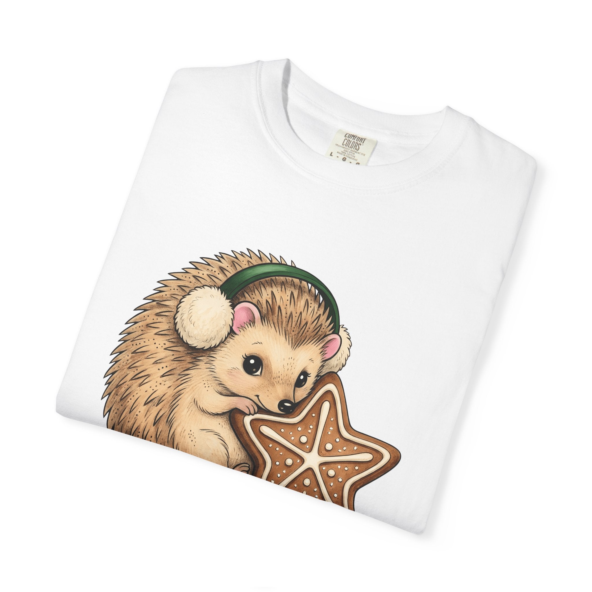 Hedgehog Cookie Shirt Animals Holiday Gift Women Cute Tee Cookie T-Shirt Animal Fan Adorable Tshirt Christmas Graphic Hand Drawn Earmuffs
