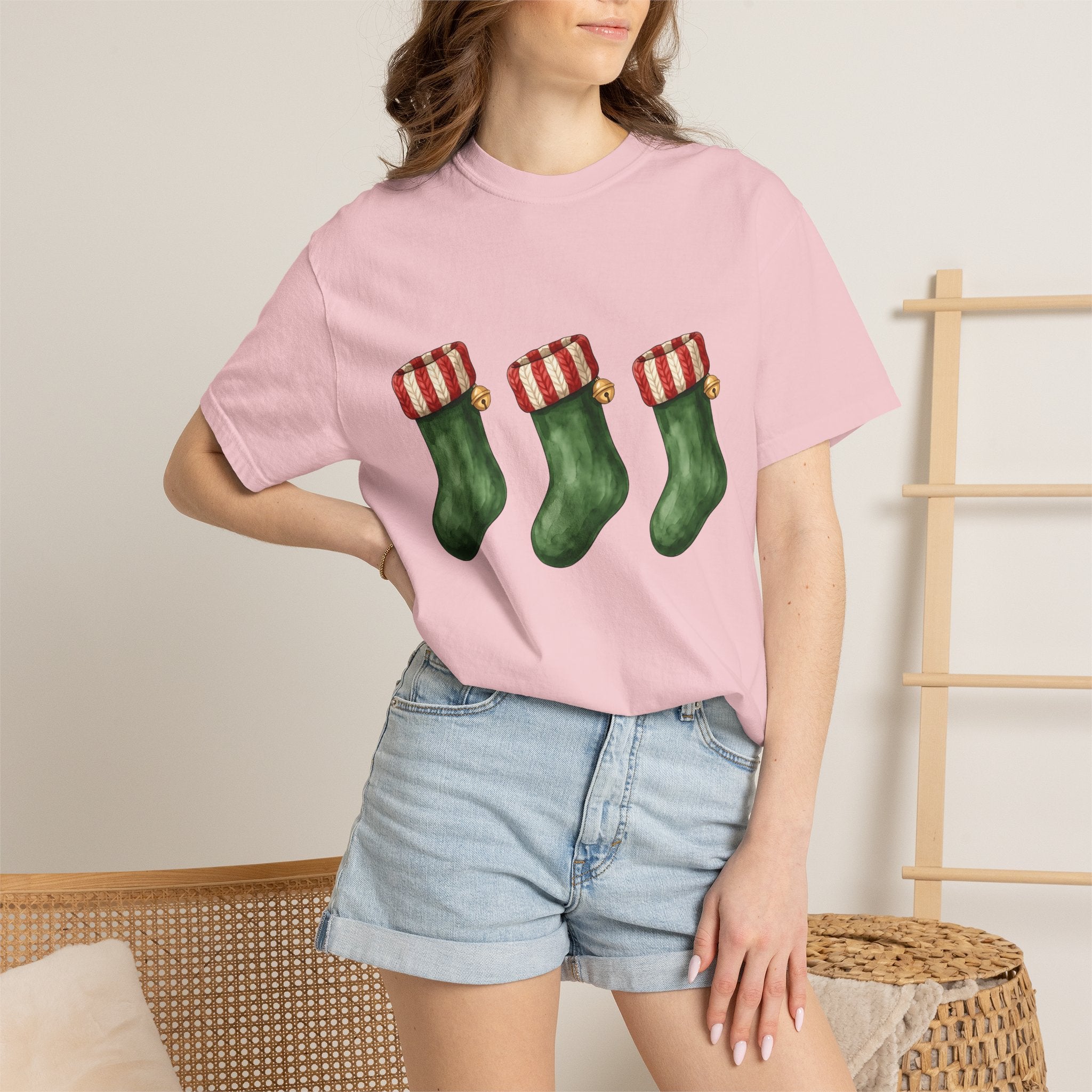 Holiday Stocking Shirt Christmas Winter Gift Women Painted Tee Stocking T-Shirt Xmas Fan Handpainted Tshirt Frosty Graphic Ink Drawing