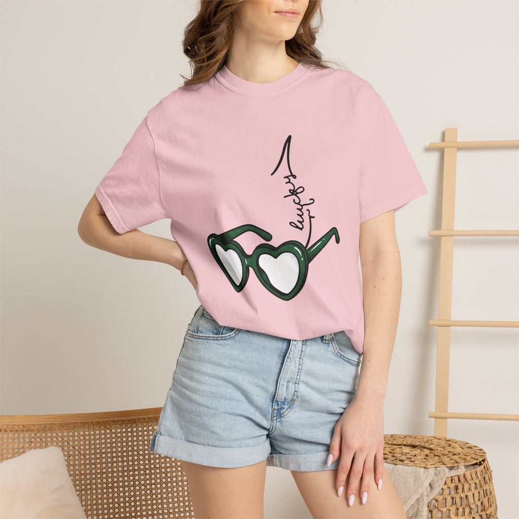 Heart Sunglasses Shirt St Patrick's Day Holiday Gift Women Doodle Tee Shades T-Shirt Shamrock Fan Illustrated Tshirt Celebration Graphic
