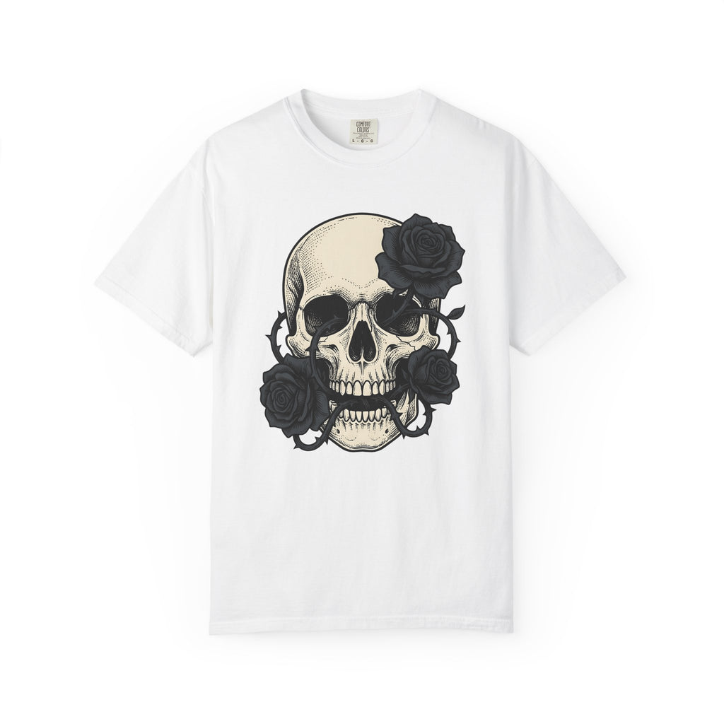 Skull Blossoms Shirt Gothic Greenery Gift Women Hand Drawn Tee Sugar Skull T-Shirt Goth Fan Illustrated Graphic Tshirt Line Art Floral