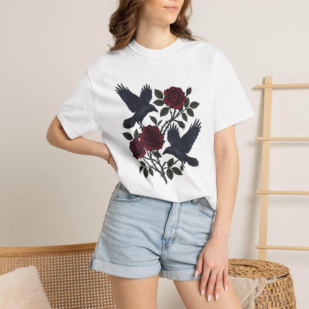 Blackbird Rose Shirt Animals & Flowers Gothic Gift Women Sketch Tee Black Rose T-Shirt Floral Fan Drawing Graphic Dark Old School Branches