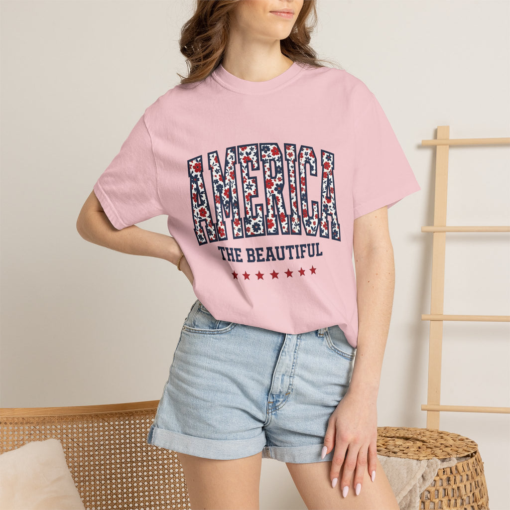Floral Stars Pattern Shirt 4th Of July Patriotic Gift Women Vintage Tee Floral T-Shirt Independence Fan Distressed Graphic Tshirt Retro Red