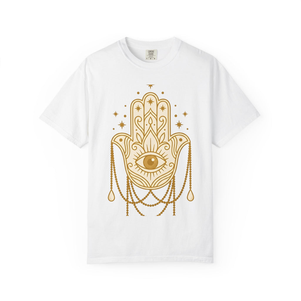 Hamsa Charm Shirt Boho Chic Meditation Gift Women Sketch Tee Hand Charm T-Shirt Bohemian Enthusiast Drawing Illustration Spiritual Design