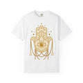 Hamsa Charm Shirt Boho Chic Meditation Gift Women Sketch Tee Hand Charm T-Shirt Bohemian Enthusiast Drawing Illustration Spiritual Design