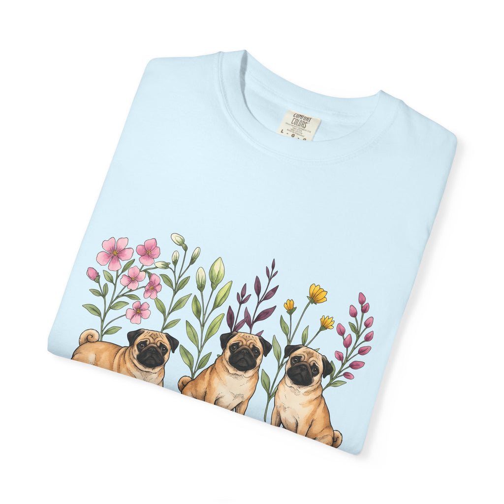 Pug Group Shirt Dog Plants Gift Women Line Art Tee Pug T-Shirt Dog Fan Poodle Illustration Botanical Graphic Gouache Flower Bouquet Tshirt