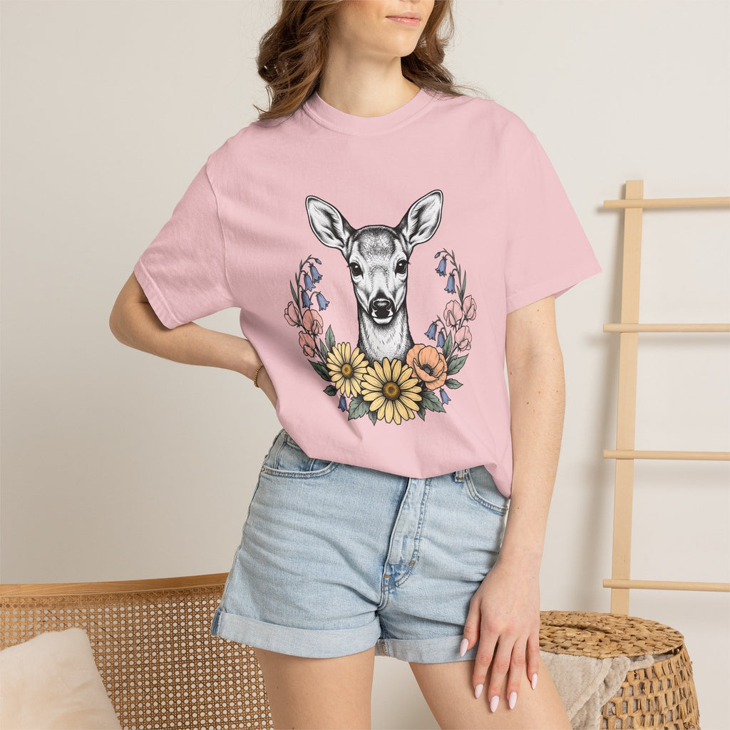 Deer Floral Shirt Animals Nature Gift Women Botanical Tee Fawn T-Shirt Wildlife Fan Botanical Illustration Environmental Graphic Vintage