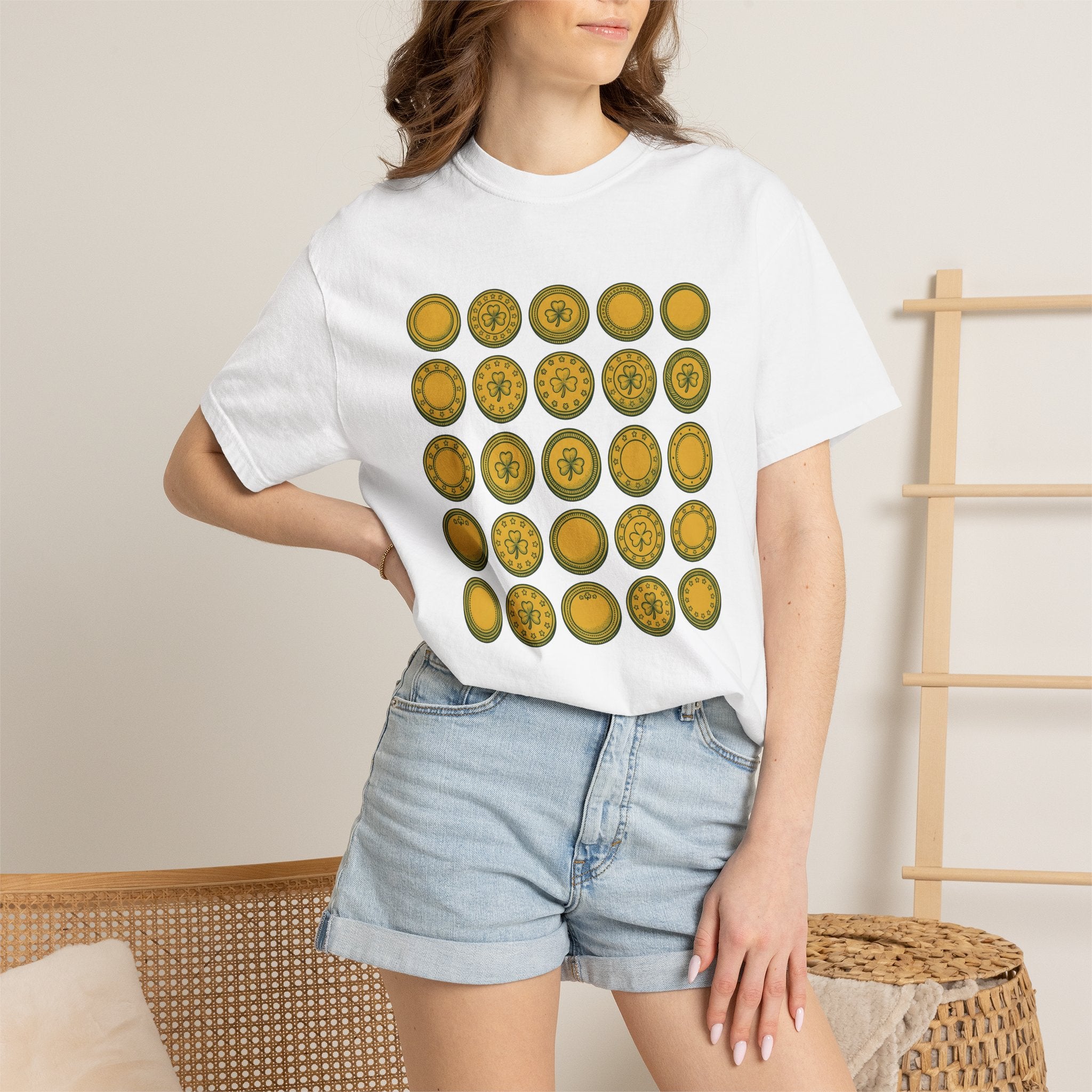 Gold Coins Shirt St Patrick's Day Luck Gift Women Doodle Tee Treasure T-Shirt St Patricks Fan Handdrawn Tshirt Fortune Graphic Vintage