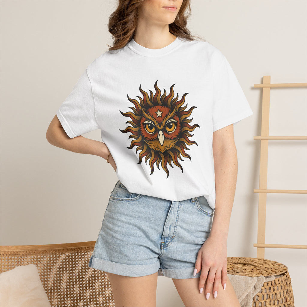 Owl Sun Shirt Owl Bohemian Gift Women Line Art Tee Hoot T-Shirt Owl Fan Minimalist Tshirt Hippie Graphic Hand Drawn Star Tshirt