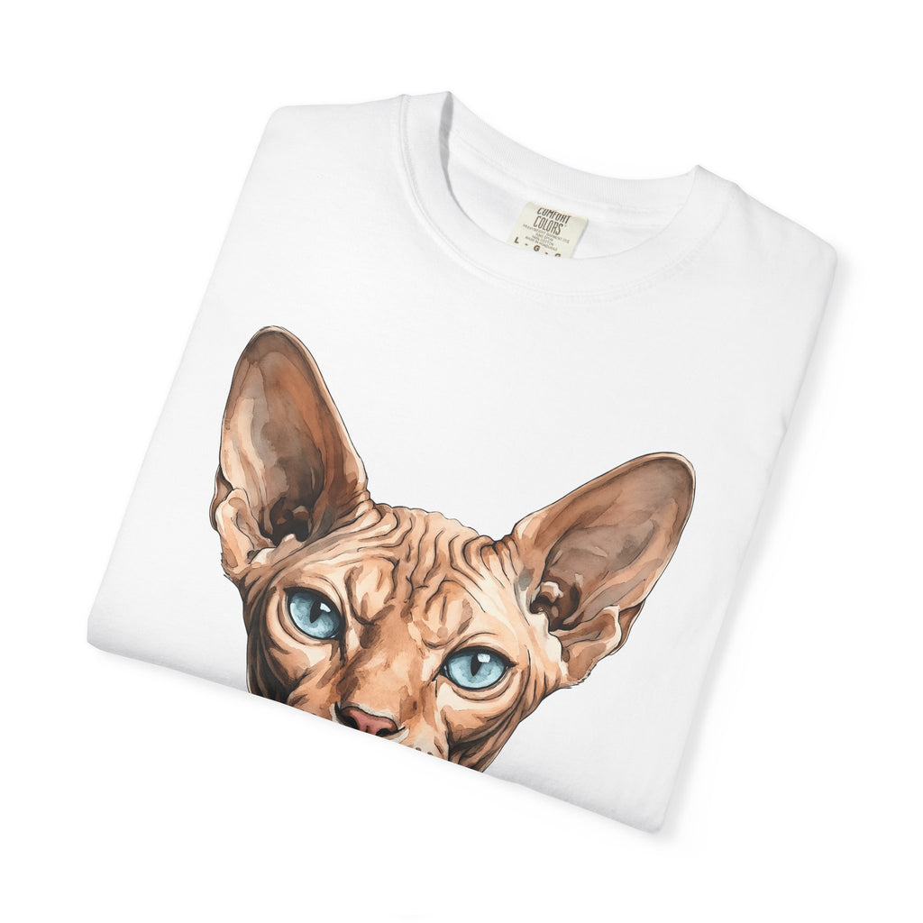 Sphynx Feline Shirt Cat Animal Gift Women Hand Painted Tee Cat T-Shirt Pet Fan Painted Tshirt Wildlife Graphic Lifelike Sapphire Eyes Tshirt
