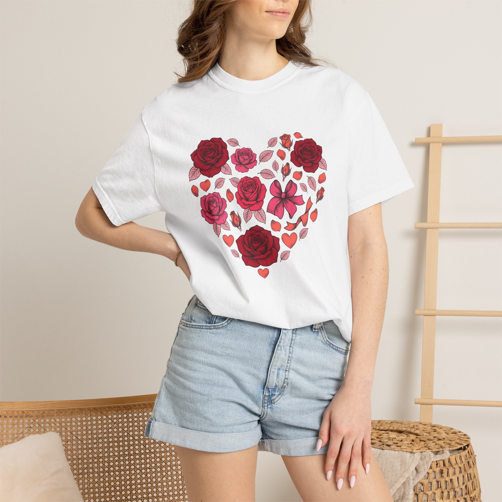 Rose Heart Shirt Valentines Day Floral Gift Women Hand Drawn Tee Heart T-Shirt Valentine Fan Illustrated Tshirt Floral Design Vintage Bow
