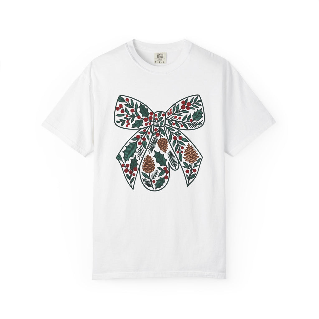 Christmas Bow Shirt Christmas Seasonal Gift Women Floral Tee Ribbon T-Shirt Xmas Fan Holiday Tshirt Winter Graphic Sketch Cone Tshirt