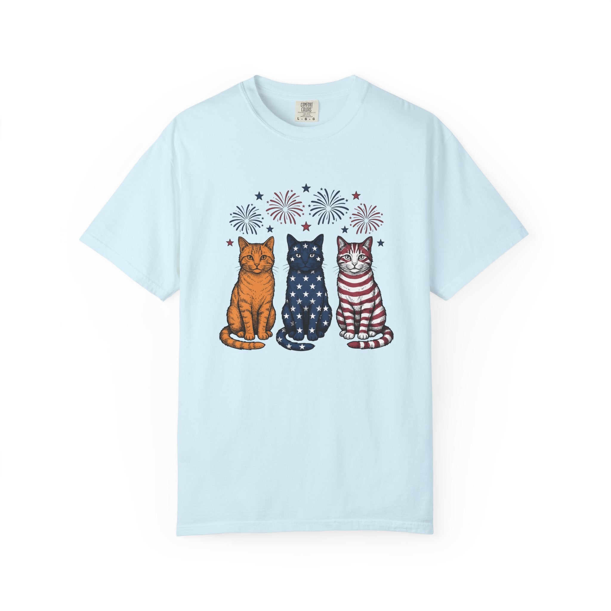American Cats Shirt 4th Of July Kitten Gift Women Sketch Tee Felines T-Shirt Independence Day Fan Cat Illustration Retro Sparklers Tshirt