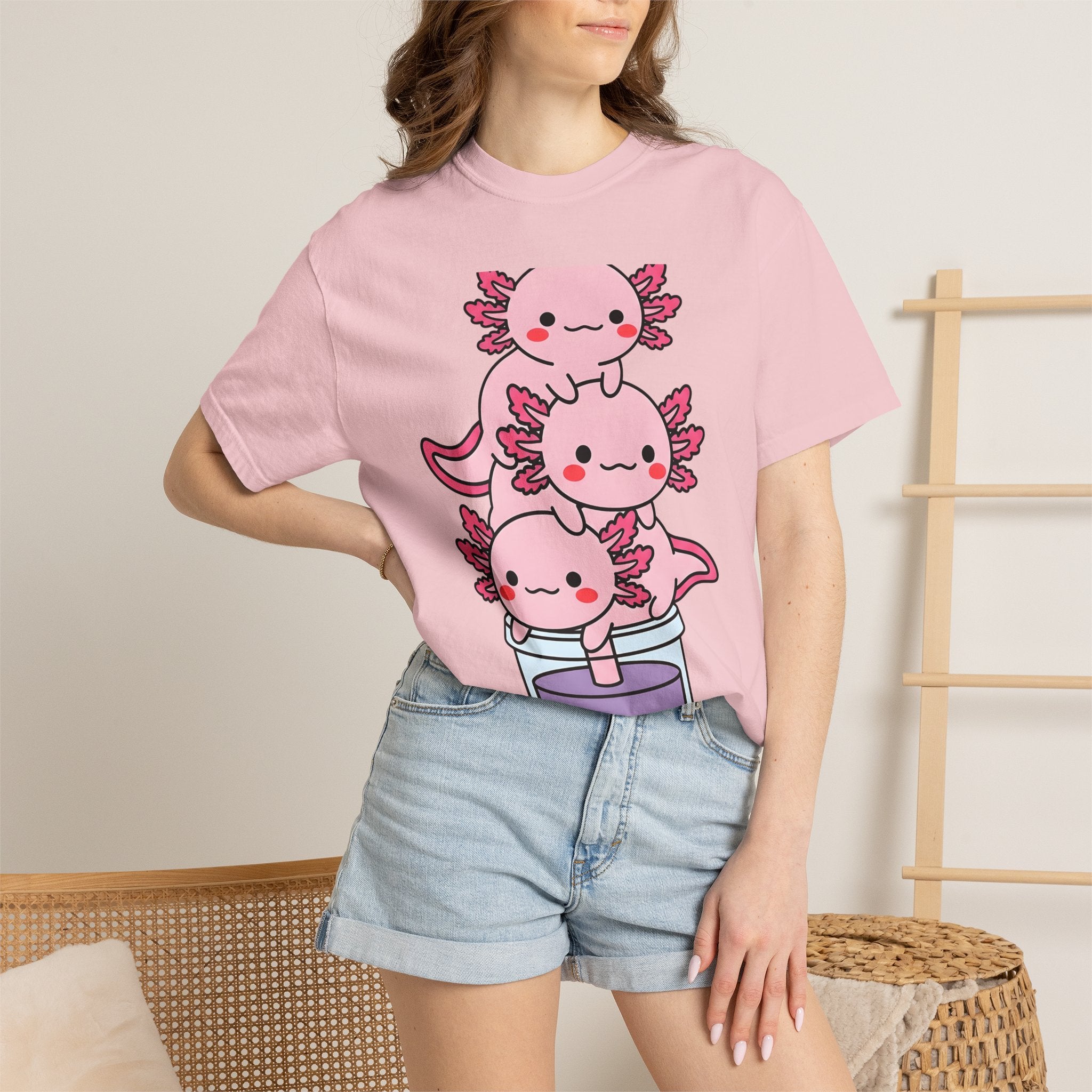 Axolotl Tea Shirt Drinks Pets Gift Women Cute Tee Mexican Salamander T-Shirt Beverage Fan Animal Graphic Illustration Comic Boba Drink