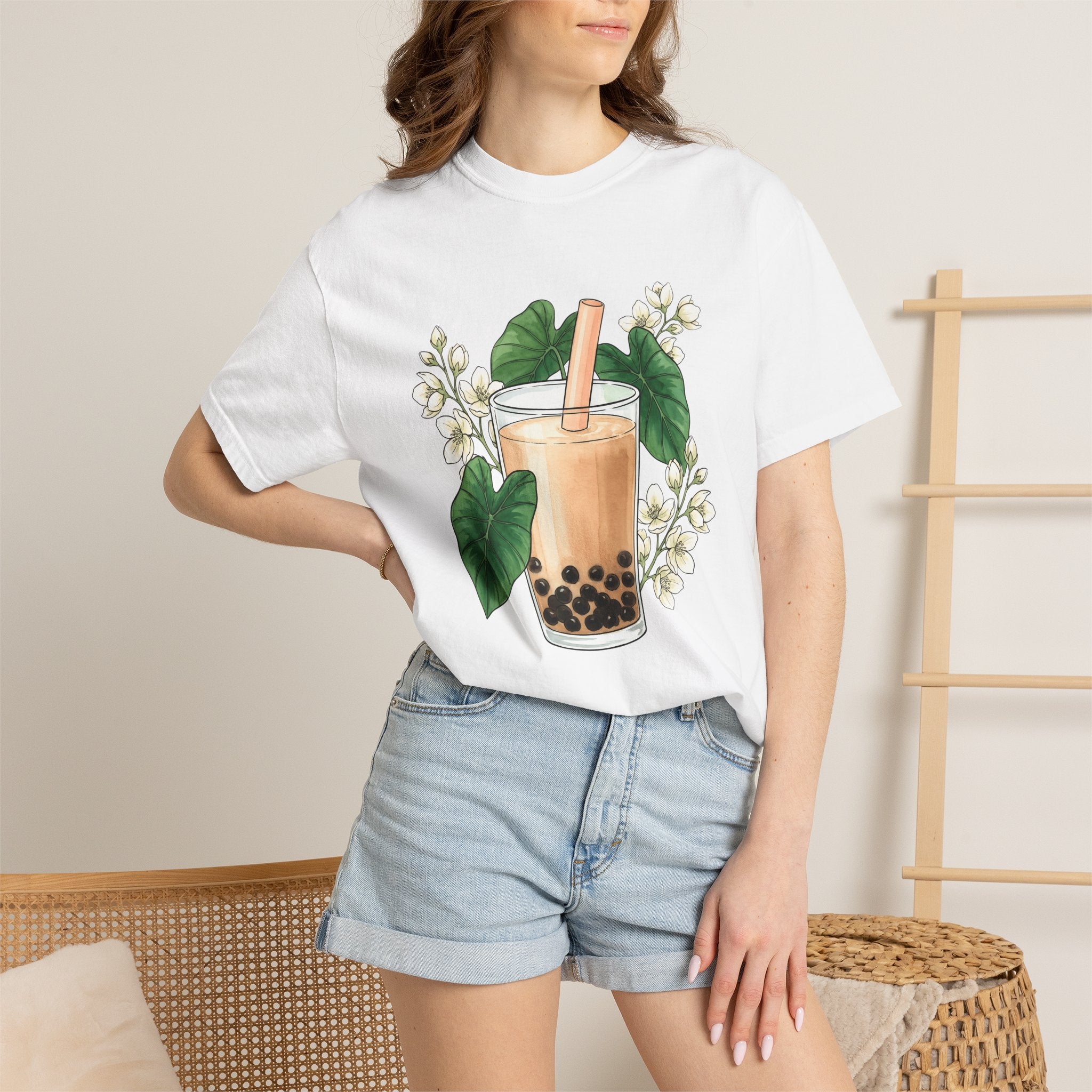 Bubble Tea Shirt Drinks Plants Gift Women Ink Tee Boba T-Shirt Beverage Fan Boba Graphic Doodle Floral Tshirt