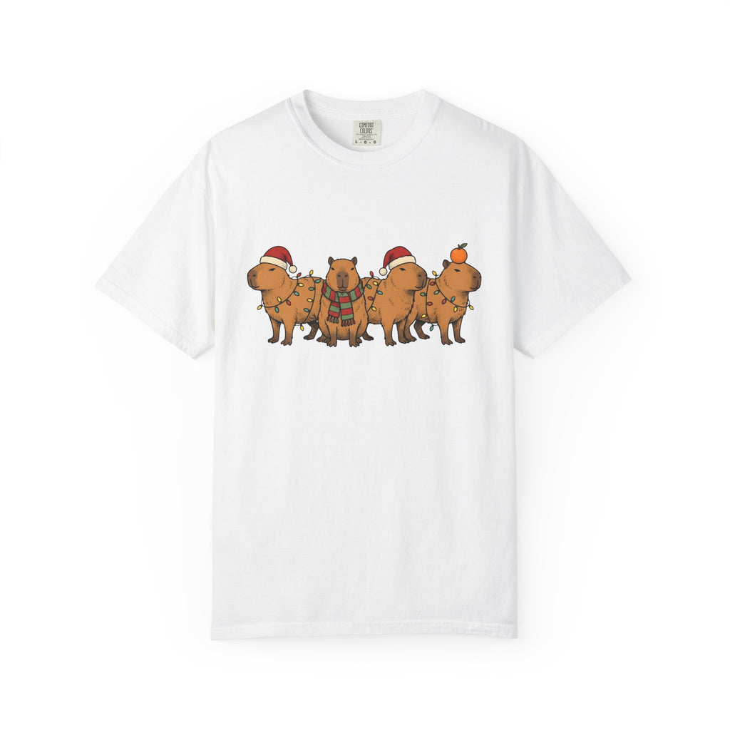 Capybara Herd Shirt Christmas Creatures Gift Women Illustration Tee Rodent T-Shirt Xmas Fan Drawing Graphic Line Art Led Lights Tshirt