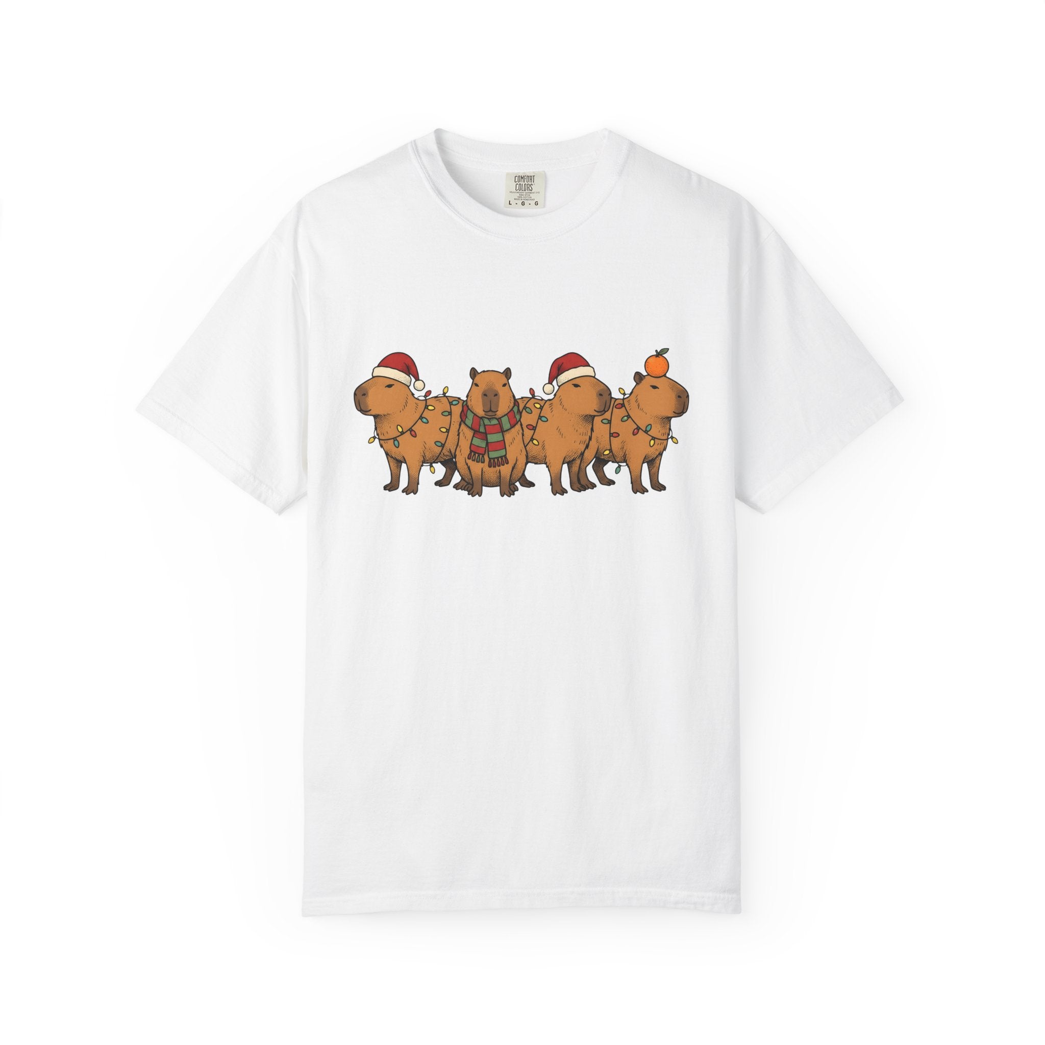 Capybara Herd Shirt Christmas Creatures Gift Women Illustration Tee Rodent T-Shirt Xmas Fan Drawing Graphic Line Art Led Lights Tshirt