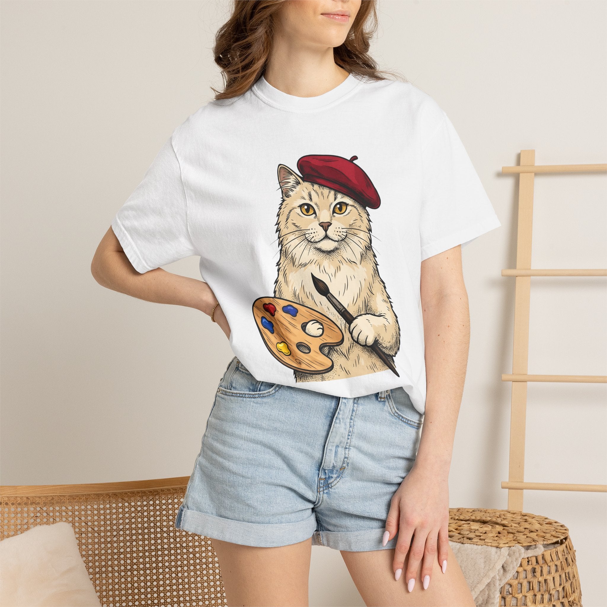 Art Cat Shirt Cat Drawing Gift Women Cartoon Tee Kitty T-Shirt Feline Fan Comic Tshirt Sketch Graphic Traditional Paint Tray Tshirt