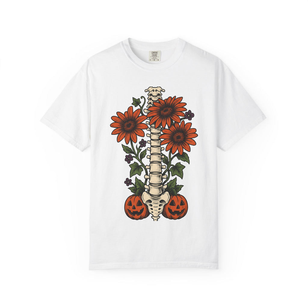 Spine Flower Pumpkins Shirt Halloween Horror Gift Women Ink Tee Gourd T-Shirt Horror Fan Tattoo Tshirt Horror Graphic Retro Sunflower Tshirt