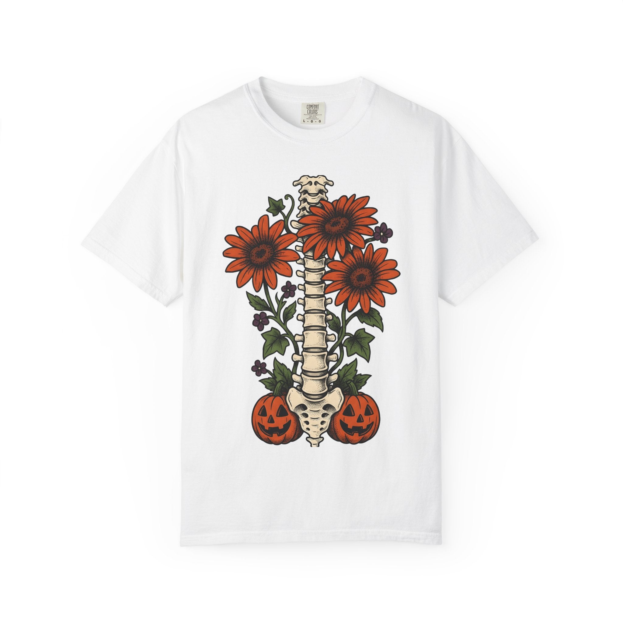 Spine Flower Pumpkins Shirt Halloween Horror Gift Women Ink Tee Gourd T-Shirt Horror Fan Tattoo Tshirt Horror Graphic Retro Sunflower Tshirt