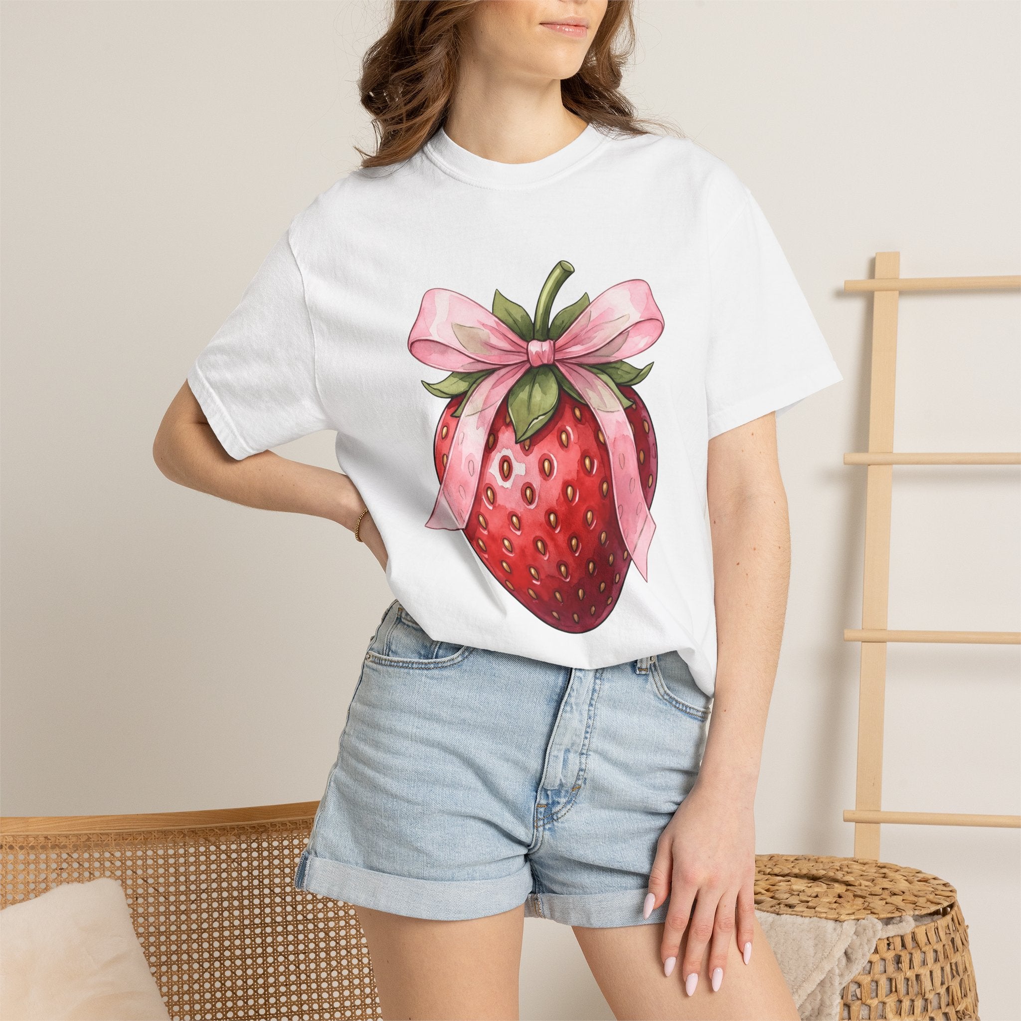 Strawberry Bow Shirt St. Valentine's Day Produce Gift Women Hand Painted Tee Bow T-Shirt Valentine's Day Fan Painted Tshirt Fruit Graphic