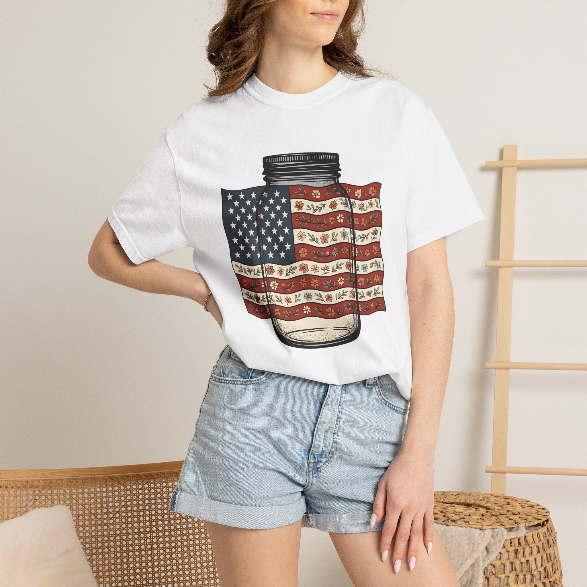 Mason Jar Flag Shirt 4th Of July Americana Gift Women Old School Tee Mason Jar T-Shirt Patriot Fan Vintage Tshirt Patriotic Graphic Outline