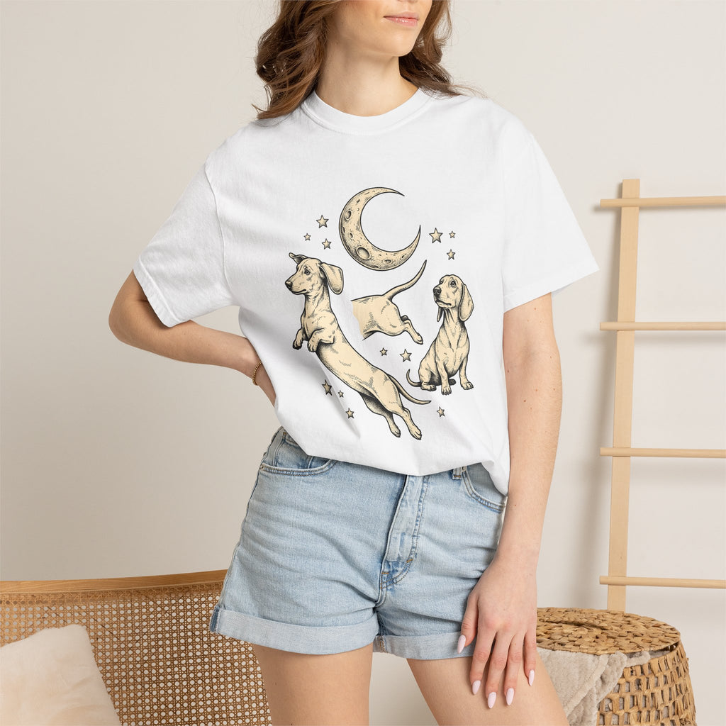 Dachshund Pups Shirt Dog Astrology Gift Women Sketch Tee Wiener Dog T-Shirt Dog Fan Doodle Graphic Tshirt Retro Crescent Moon Tshirt