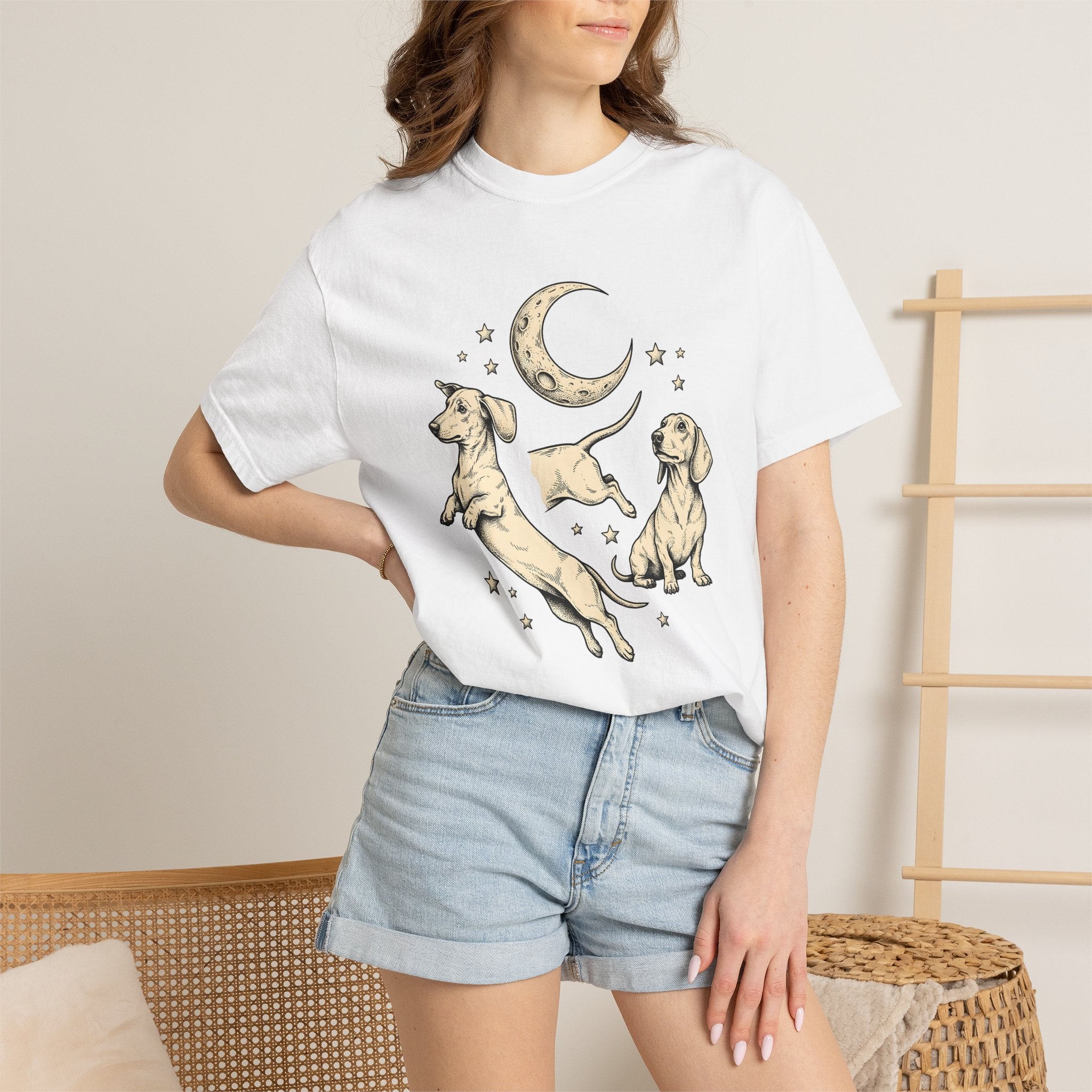 Dachshund Pups Shirt Dog Astrology Gift Women Sketch Tee Wiener Dog T-Shirt Dog Fan Doodle Graphic Tshirt Retro Crescent Moon Tshirt