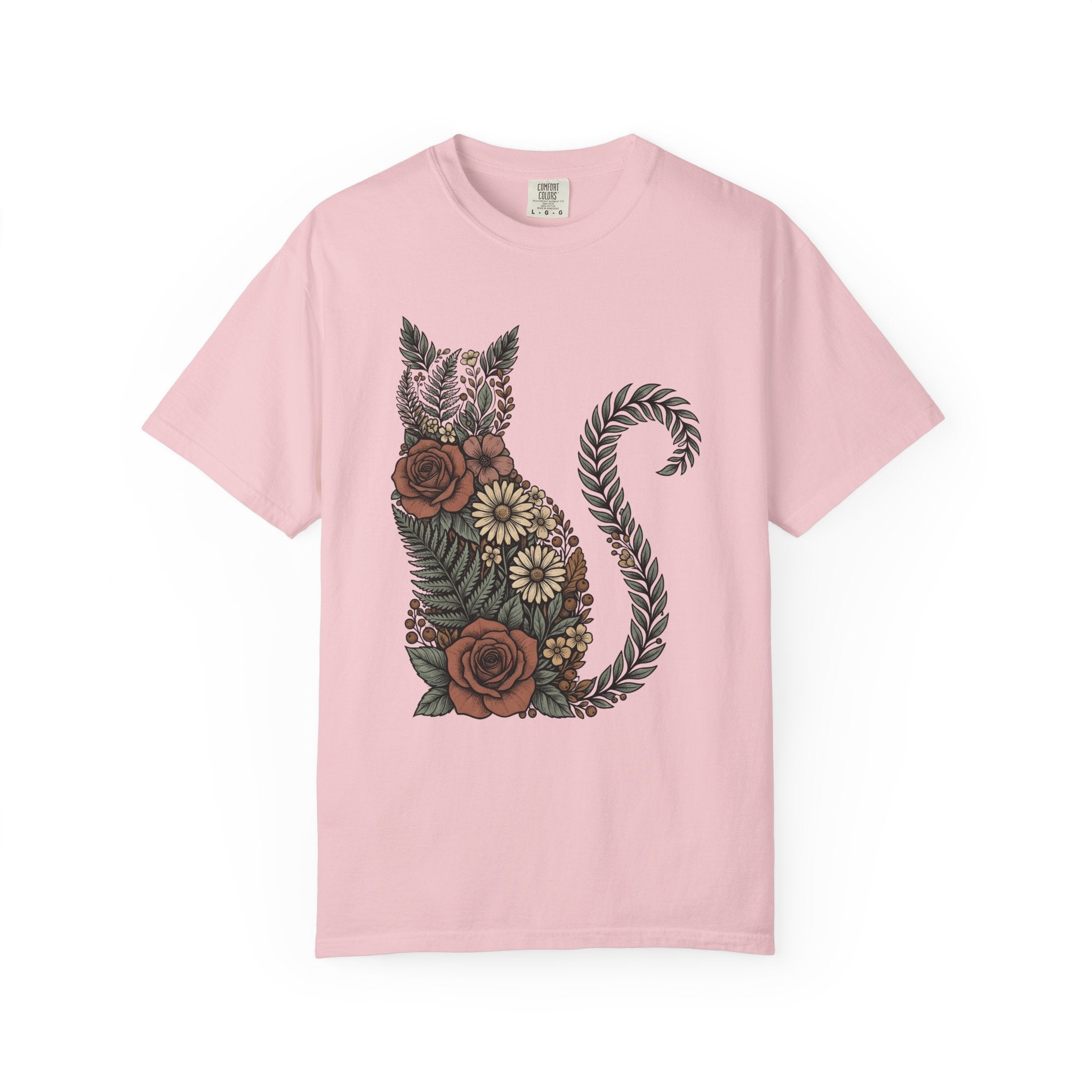 Bloom Cat Shirt Cottagecore Plants Gift Women Line Art Tee Kitty T-Shirt Cottage Fan Minimalist Tshirt Floral Graphic Cartoon Pink Roses