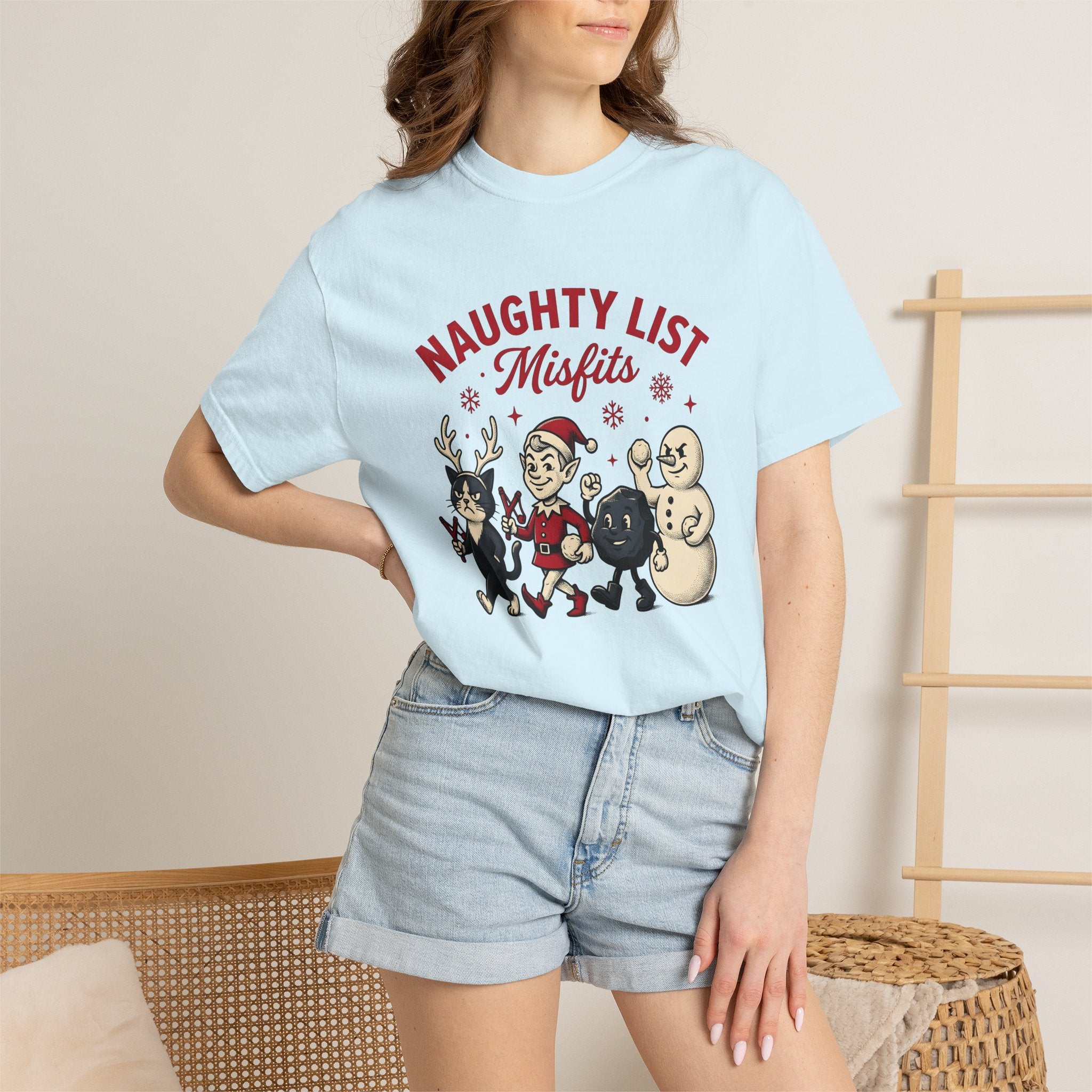 Playful Xmas Characters Shirt Christmas Fun Gift Women Sketch Tee Christmas Characters T-Shirt Xmas Fan Christmas Illustration Design