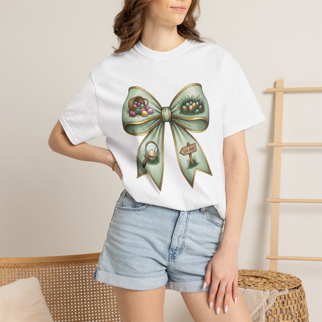 Easter Bow Shirt Easter Spring Gift Women Hand Drawn Tee Easter Bunny T-Shirt Easter Fan Easter Art Tshirt Spring Design Vintage Egg Basket